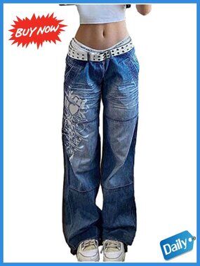 Women's Low Rise Baggy Wide Leg Denim Cargo Jeans Heart Pattern